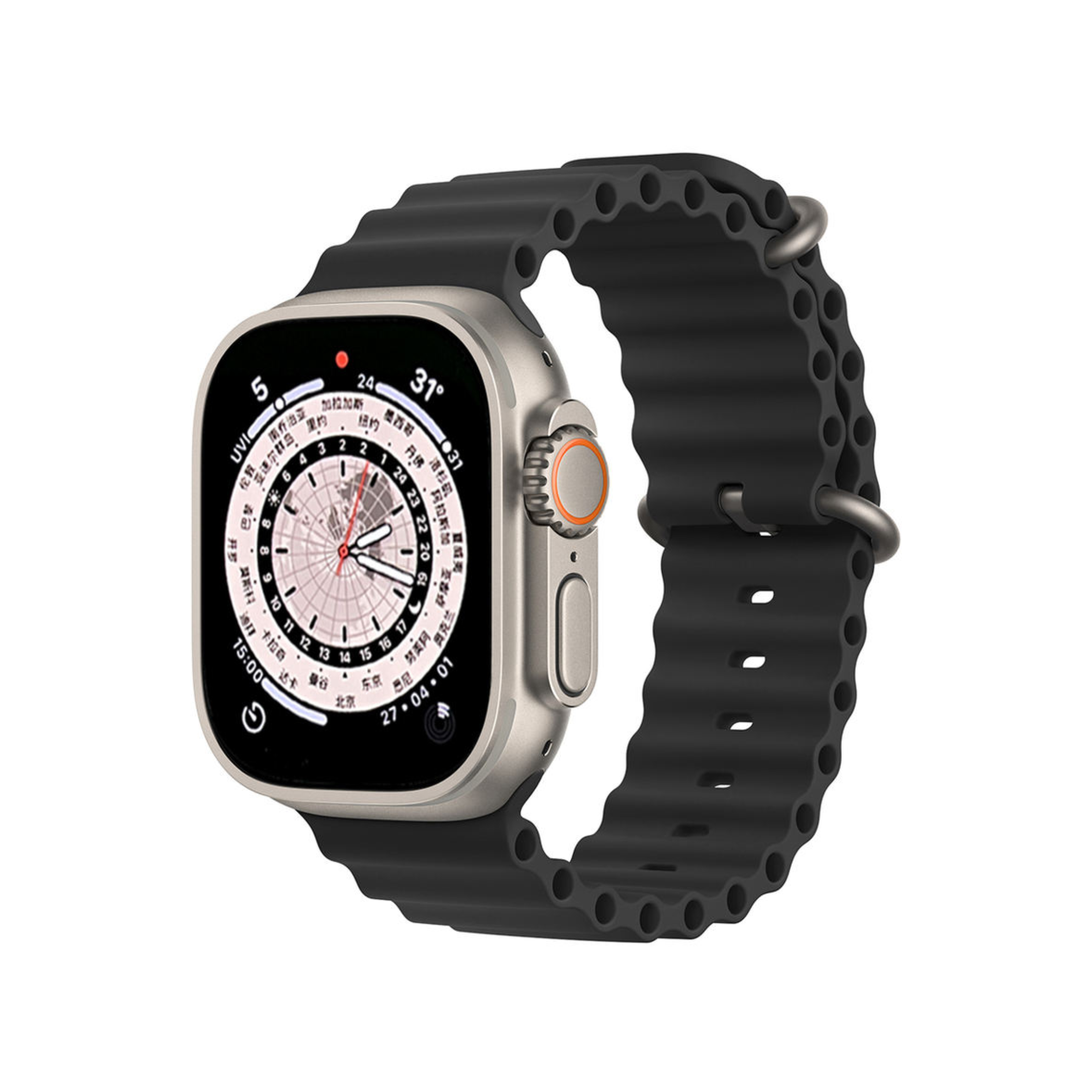 Smartwatch with a black band on a white background